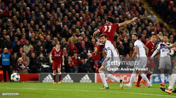 Mohamed Salah of Liverpool scores the opening goal during the UEFA Champions League group E match between Liverpool FC and NK Maribor at Anfield on...