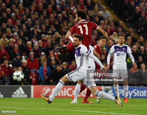 Mohamed Salah of Liverpool scores the opening goal during the UEFA Champions League group E match between Liverpool FC and NK Maribor at Anfield on...