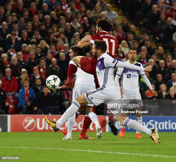 Mohamed Salah of Liverpool scores the opening goal during the UEFA Champions League group E match between Liverpool FC and NK Maribor at Anfield on...