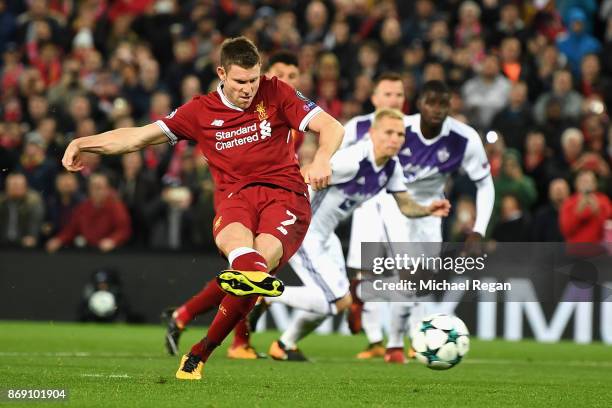 James Milner of Liverpool misses a penalty during the UEFA Champions League group E match between Liverpool FC and NK Maribor at Anfield on November...