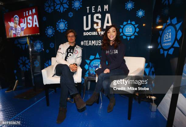 Olympic champion figure skaters Charlie White and Meryl Davis attend the 100 Days Out 2018 PyeongChang Winter Olympics Celebration - Team USA in...