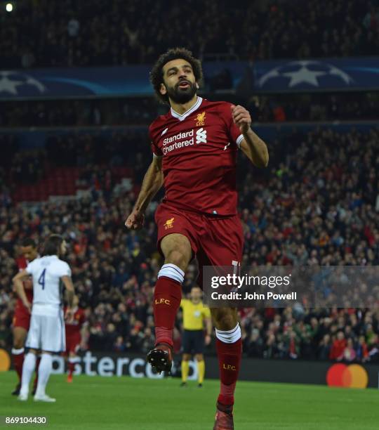 Mohamed Salah of Liverpool scores the opening goal and celebrates during the UEFA Champions League group E match between Liverpool FC and NK Maribor...