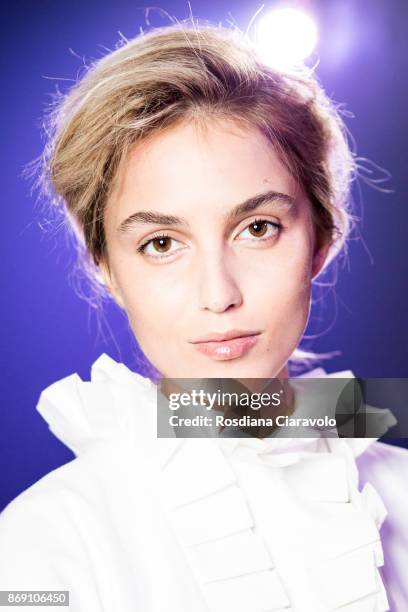 Model is seen ahead of Nabil Nayal show at Dubai Design District on October 27, 2017 in Dubai, United Arab Emirates.