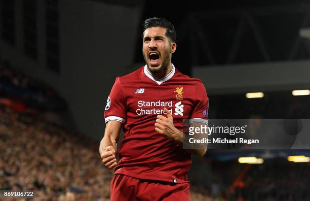 Emre Can of Liverpool celebrates scoring his sides second goal during the UEFA Champions League group E match between Liverpool FC and NK Maribor at...