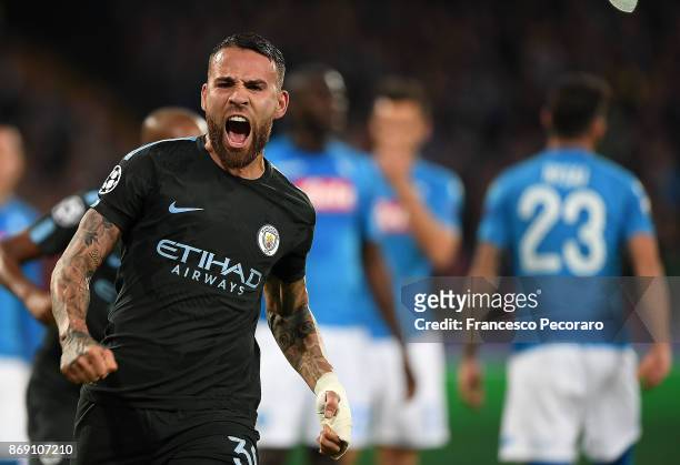 Nicolas Otamendi of Manchester City celebrates after scoring 1-1 goal during the UEFA Champions League group F match between SSC Napoli and...