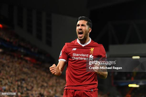 Emre Can of Liverpool celebrates scoring his sides second goal during the UEFA Champions League group E match between Liverpool FC and NK Maribor at...