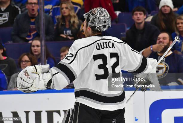 Los Angeles Kings goalie Jonathan Quick appeals a call that allowed a goal during a National Hockey League game between the Los Angeles Kings and the...