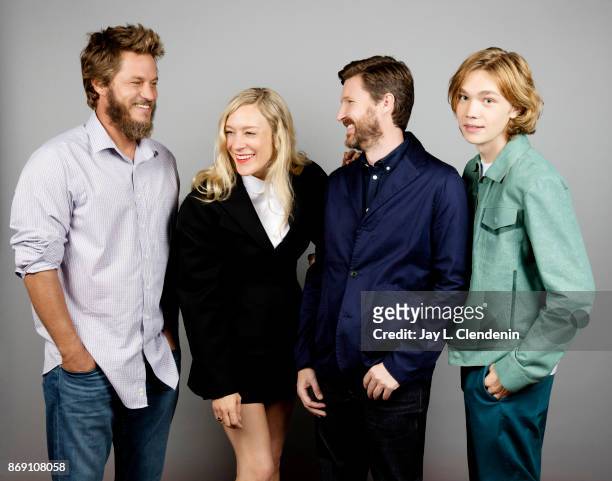 Actor Travis Fimmel, director Andrew Haigh, actress Chloe Sevigny, and actor Charlie Plummer from the film, "Lean on Pete," pose for a portrait at...