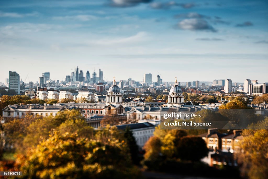 London Skyline and the City from Greenwich Park with the Royal Naval College
