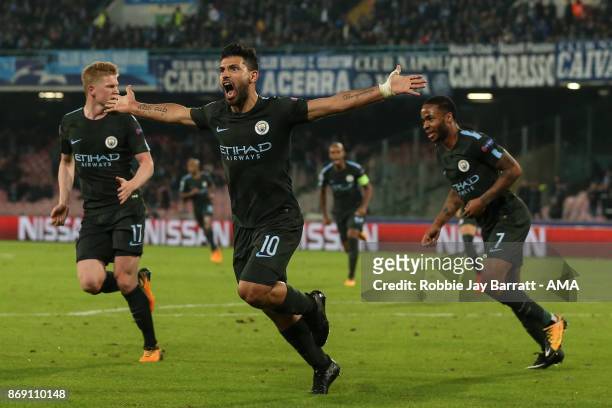 Sergio Aguero of Manchester City celebrates after scoring a goal to make it 2-3 during the UEFA Champions League group F match between SSC Napoli and...