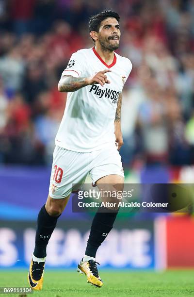 Ever Banega of Sevilla FC celebrates after scoring the second goal for Sevilla FC during the UEFA Champions League group E match between Sevilla FC...
