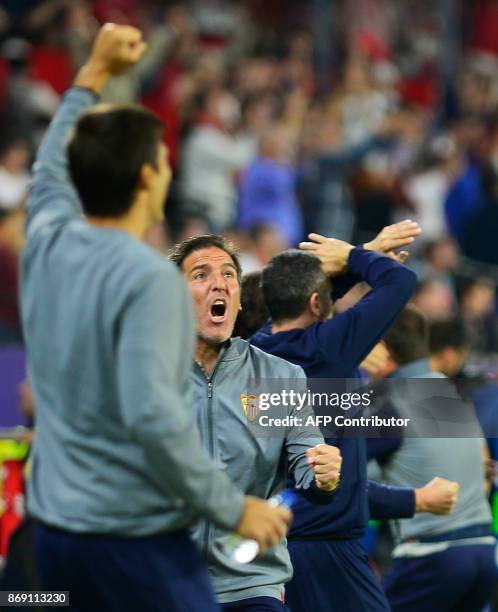 Sevilla's Argentinian coach Eduardo Berizzo celebrates a goal during the UEFA Champions League group E football match between Sevilla and Spartak...