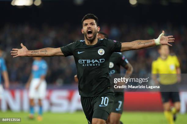 Sergio Aguero of Manchester City celebrates after scoring his team's third goal during the UEFA Champions League group F match between SSC Napoli and...