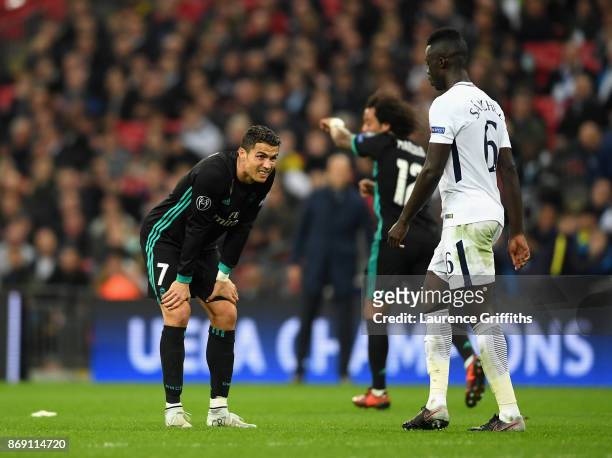 Cristiano Ronaldo of Real Madrid reacts during the UEFA Champions League group H match between Tottenham Hotspur and Real Madrid at Wembley Stadium...