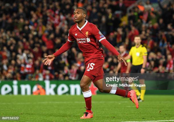 Daniel Sturridge of Liverpool scores his sides third goal during the UEFA Champions League group E match between Liverpool FC and NK Maribor at...