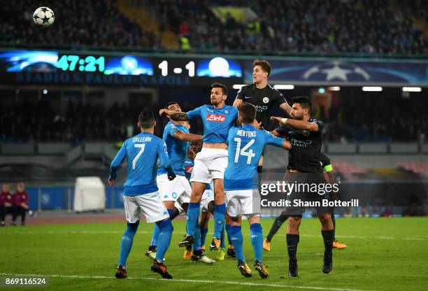 John Stones of Manchester City scores his sides second goal during the UEFA Champions League group F match between SSC Napoli and Manchester City at...