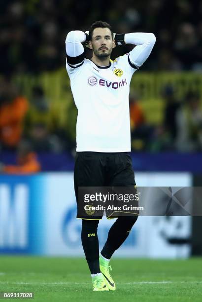 Roman Buerki of Borussia Dortmund reacts after the UEFA Champions League group H match between Borussia Dortmund and APOEL Nikosia at Signal Iduna...