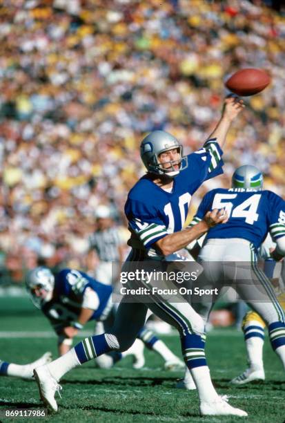 Quarterback Jim Zorn of the Seattle Seahawks throws a pass against the San Diego Chargers during an NFL football game December 13, 1980 at Jack...