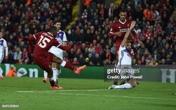 Daniel Sturridge of Liverpool scores the third goal during the UEFA Champions League group E match between Liverpool FC and NK Maribor at Anfield on...