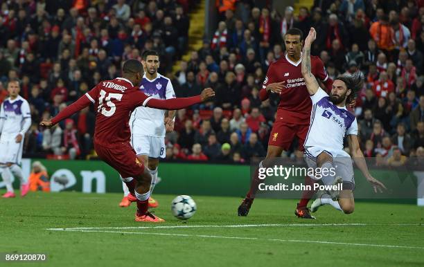 Daniel Sturridge of Liverpool scores the third goal during the UEFA Champions League group E match between Liverpool FC and NK Maribor at Anfield on...