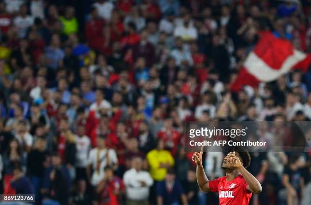 Spartak Moscow's Cape Verdean forward Ze Luis celebrates after scoring a goal during the UEFA Champions League group E football match between Sevilla...