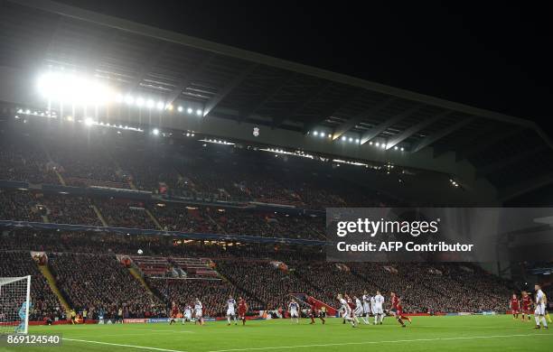 Liverpool attack the Maribor goal during the UEFA Champions League Group E football match between Liverpool and NK Maribor at Anfield in Liverpool,...