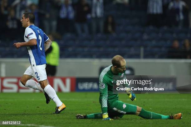 Porto's defender Maxi Pereira from Uruguay celebrates scoring Porto third goal during the match between FC Porto v RB Leipzig or the UEFA Champions...