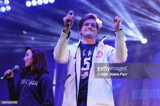 Olympic champion figure skaters Charlie White and Meryl Davis attend the 100 Days Out 2018 PyeongChang Winter Olympics Celebration - Team USA in...
