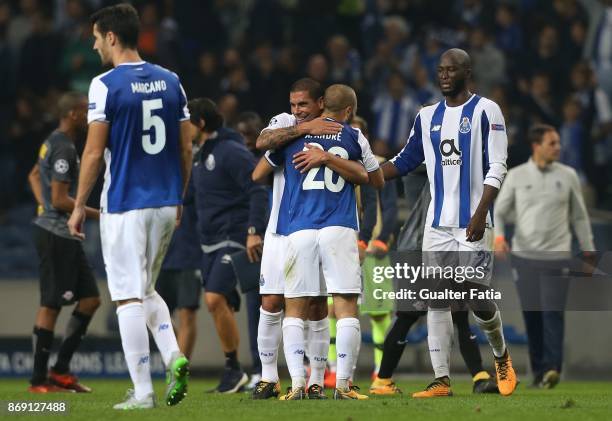 Goal scorers FC Porto defender Maxi Pereira from Uruguay and FC Porto midfielder Danilo Pereira from Portugal celebrate the win with teammate FC...