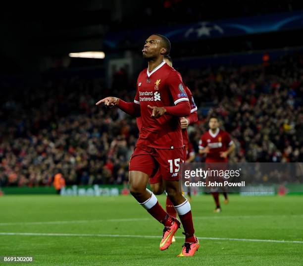Daniel Sturridge of Liverpool celebrates after scoring during the UEFA Champions League group E match between Liverpool FC and NK Maribor at Anfield...