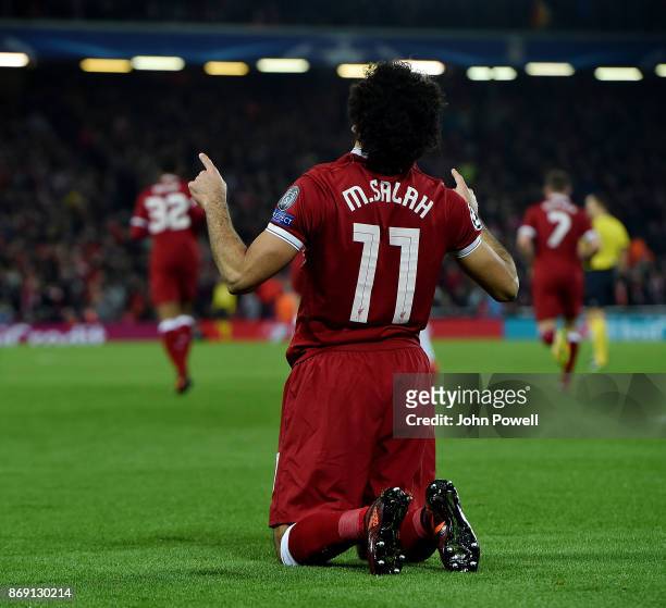Mohamed Salah of Liverpool celebrates after scoring during the UEFA Champions League group E match between Liverpool FC and NK Maribor at Anfield on...