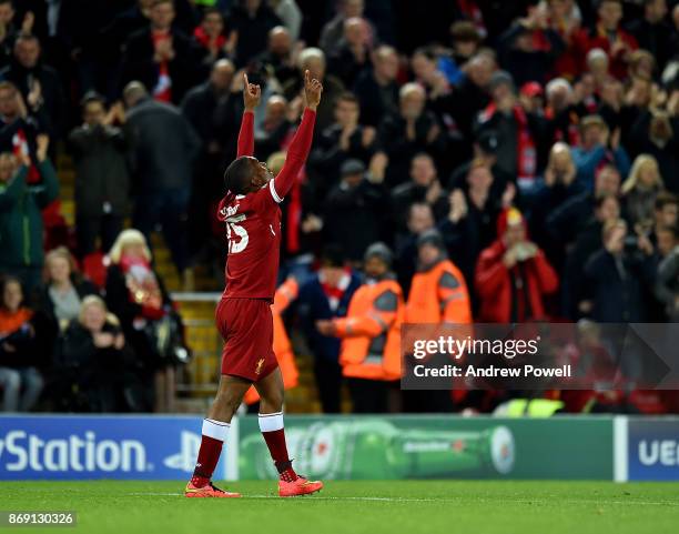 Daniel Sturridge of Liverpool celebrates after scoring during the UEFA Champions League group E match between Liverpool FC and NK Maribor at Anfield...