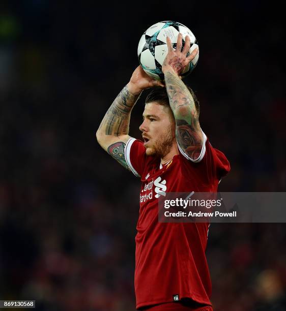 Alberto Moreno of Liverpool during the UEFA Champions League group E match between Liverpool FC and NK Maribor at Anfield on November 1, 2017 in...