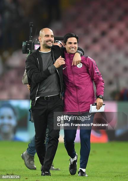 Pep Guardiola coach of Manchester City celebrate the victory after the UEFA Champions League group F match between SSC Napoli and Manchester City at...