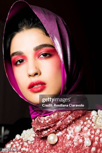 Model is seen ahead of Mohanad Koja show at Dubai Design District on October 28, 2017 in Dubai, United Arab Emirates.