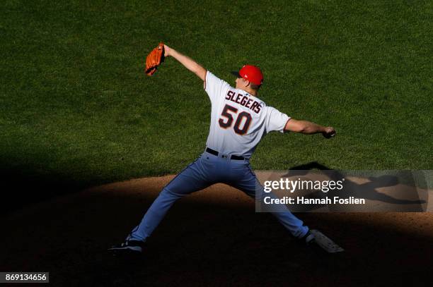 Aaron Slegers of the Minnesota Twins delivers a pitch against the Toronto Blue Jays during the game on September 17, 2017 at Target Field in...