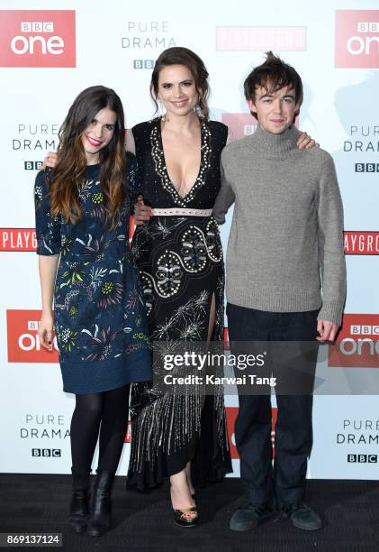 Philippa Coulthard, Hayley Atwell and Alex Lawther attend the 'Howards End' photocall at BFI Southbank on November 1, 2017 in London, England.