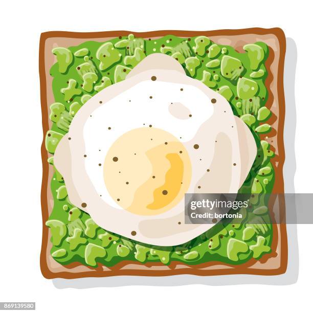 ilustraciones, imágenes clip art, dibujos animados e iconos de stock de tostada de aguacate con un huevo escalfado - escalfado