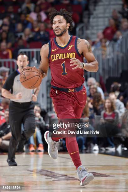 Derrick Rose of the Cleveland Cavaliers handles the ball against the Indiana Pacers on November 1, 2017 at Quicken Loans Arena in Cleveland, Ohio....
