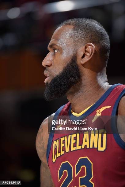LeBron James of the Cleveland Cavaliers looks on during the game against the Indiana Pacers on November 1, 2017 at Quicken Loans Arena in Cleveland,...
