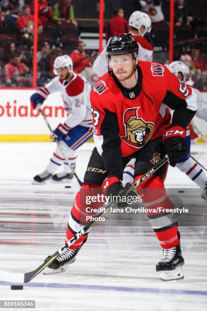 Jack Rodewald of the Ottawa Senators skates with the puck during warmups prior to a game against the Montreal Canadiens at Canadian Tire Centre on...