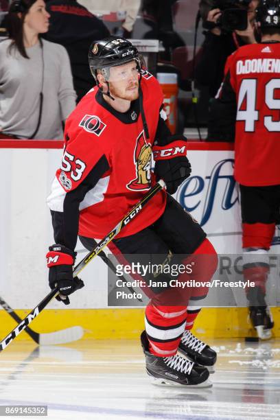 Jack Rodewald of the Ottawa Senators skates during warmups prior to a game against the Montreal Canadiens at Canadian Tire Centre on October 30, 2017...
