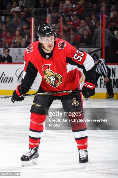Jack Rodewald of the Ottawa Senators prepares for a faceoff against the Montreal Canadiens at Canadian Tire Centre on October 30, 2017 in Ottawa,...