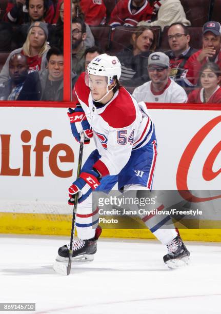 Charles Hudon of the Montreal Canadiens prepares for a faceoff against the Ottawa Senators at Canadian Tire Centre on October 30, 2017 in Ottawa,...