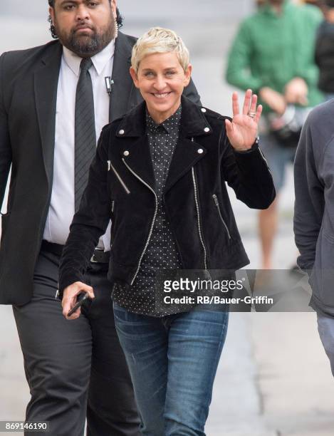 Ellen DeGeneres is seen at 'Jimmy Kimmel Live' on November 01, 2017 in Los Angeles, California.