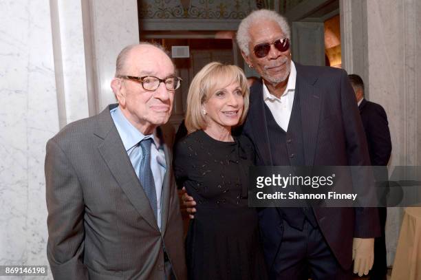 Former Chairman of the Federal Reserve Alan Greenspan, NBC News' Andrea Mitchell and Morgan Freeman attend the AFI 50th Anniversary Gala at The...