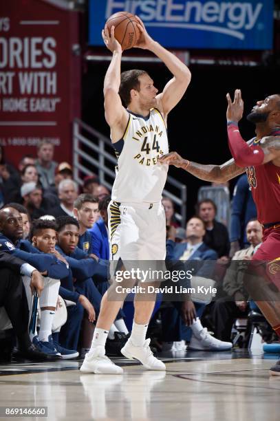 Bojan Bogdanovic of the Indiana Pacers handles the ball against the Cleveland Cavaliers on November 1, 2017 at Quicken Loans Arena in Cleveland,...