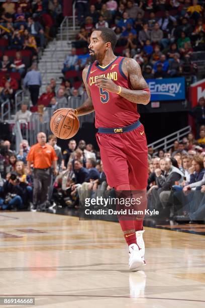 Smith of the Cleveland Cavaliers handles the ball against the Indiana Pacers on November 1, 2017 at Quicken Loans Arena in Cleveland, Ohio. NOTE TO...