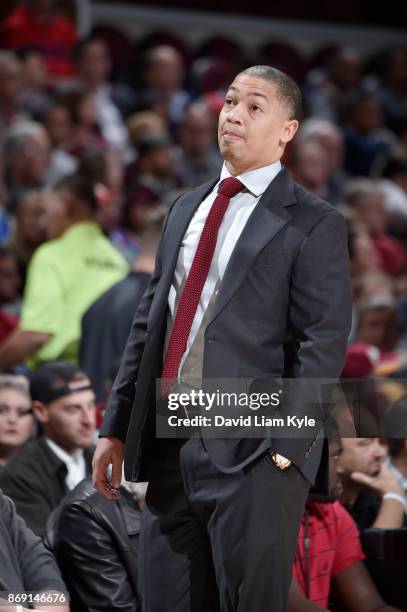 Head coach Tyronn Lue of the Cleveland Cavaliers looks on during the game against the Indiana Pacers on November 1, 2017 at Quicken Loans Arena in...