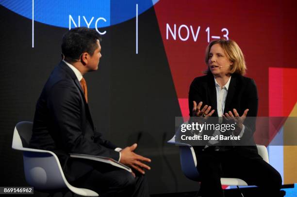 Anchor Carl Quintanilla and Former Chief Technology Officer of the United States Megan Smith speak onstage at the ONWARD17 Conference- Day 1 on...